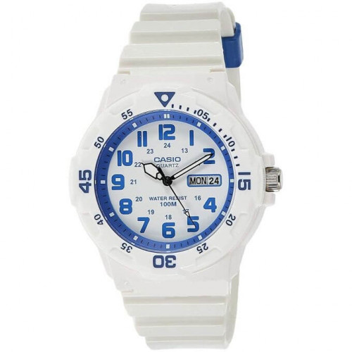 Casio – Montre en résine blanc, cadran blanc, chiffres bleus – Étanche 100 m – MRW-200HC-7B2VDF Casio – Montre en résine blanc, cadran blanc, chiffres bleus – Étanche 100 m – MRW-200HC-7B2VDF