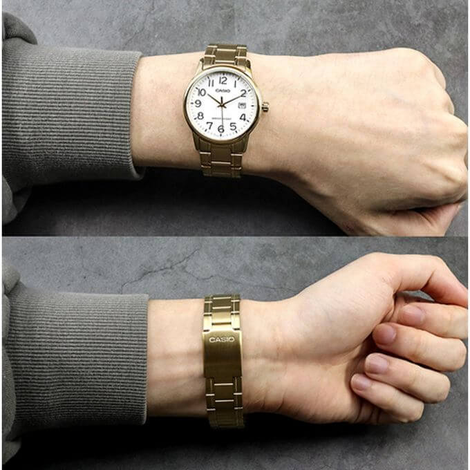 Casio – Montre classique avec index chiffres & dateur – Bracelet en acier doré inoxydable – MTP-V002G-7B2