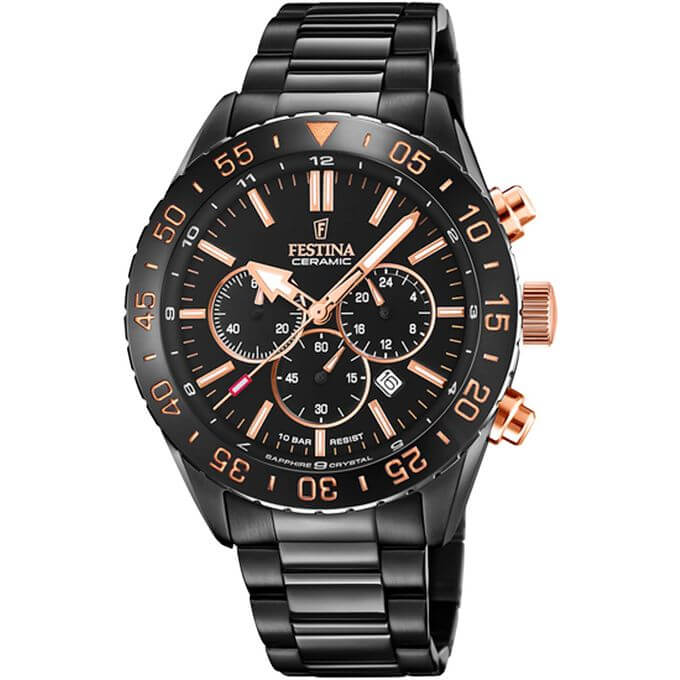 Festina – Boîtier en céramique noir – Verre saphir & Bracelet en acier noir – Étanche 100 m – F20577/1