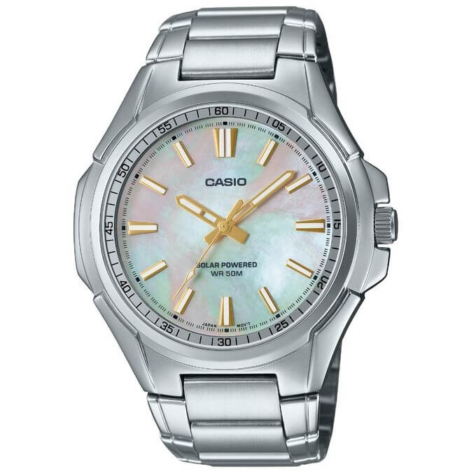 Casio – Montre masculine à énergie solaire, dotée d’un cadran nacré, Bracelet en acier – MTP-RS100S-7AVDF
