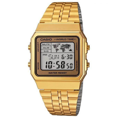 Casio – Affichage carte du monde – Digitale dorée – 5 alarmes – Bracelet en acier inoxydable – A500WGA-9DF Casio – Affichage carte du monde – Digitale dorée – 5 alarmes – Bracelet en acier inoxydable – A500WGA-9DF