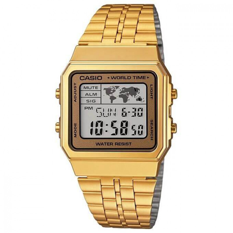Casio – Affichage carte du monde – Digitale dorée – 5 alarmes – Bracelet en acier inoxydable – A500WGA-9DF