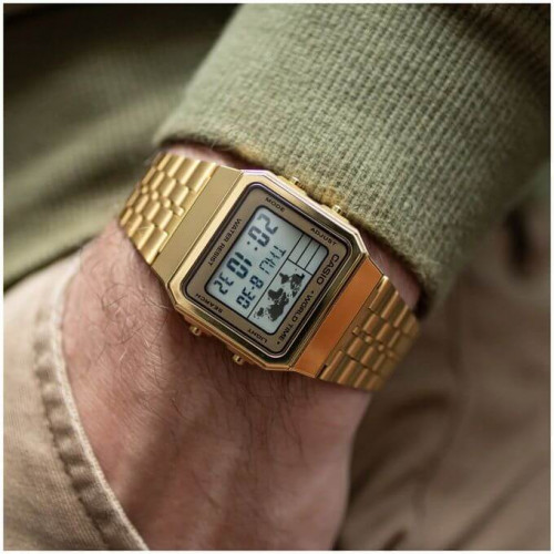 Casio – Affichage carte du monde – Digitale dorée – 5 alarmes – Bracelet en acier inoxydable – A500WGA-9DF Casio – Affichage carte du monde – Digitale dorée – 5 alarmes – Bracelet en acier inoxydable – A500WGA-9DF