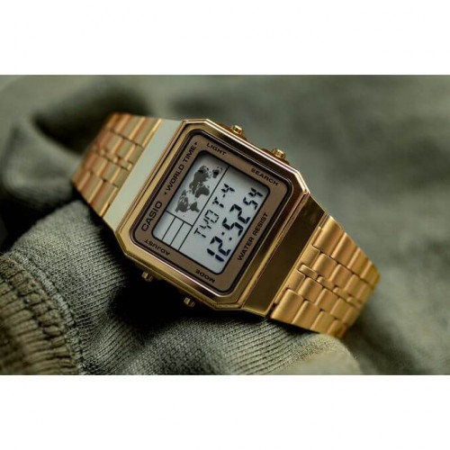 Casio – Affichage carte du monde – Digitale dorée – 5 alarmes – Bracelet en acier inoxydable – A500WGA-9DF Casio – Affichage carte du monde – Digitale dorée – 5 alarmes – Bracelet en acier inoxydable – A500WGA-9DF