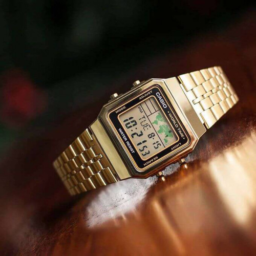 Casio – Affichage carte du monde – Digitale dorée – 5 alarmes – Bracelet en acier inoxydable – A500WGA-9DF Casio – Affichage carte du monde – Digitale dorée – 5 alarmes – Bracelet en acier inoxydable – A500WGA-9DF