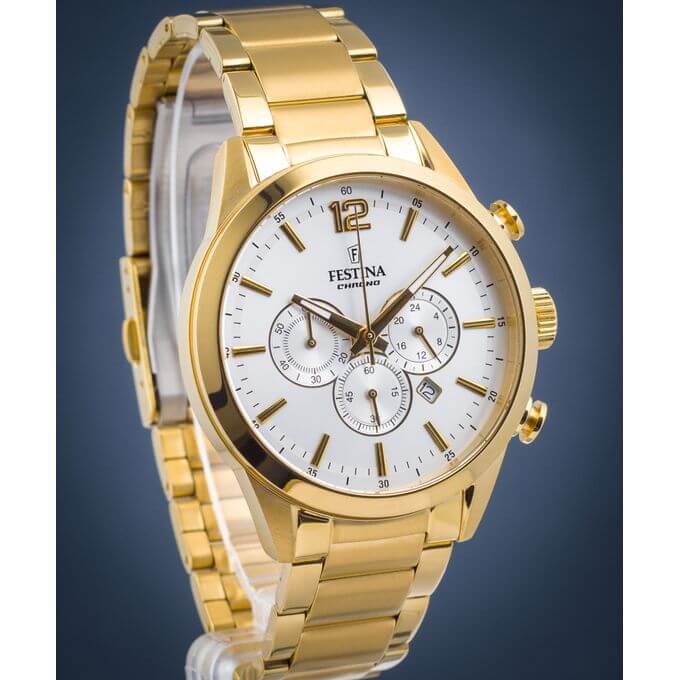 Festina – Tout en acier inoxydable doré – Cadran blanc avec dateur – Chronographe – F20633/1
