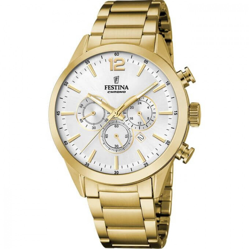 Festina – Tout en acier inoxydable doré – Cadran blanc avec dateur – Chronographe – F20633/1
