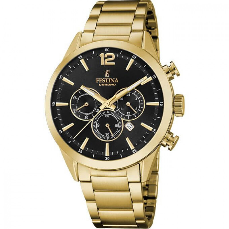 Festina – Montre dorée et cadran noir – Tout en acier inoxydable – Chronographe pour homme – F20633/3