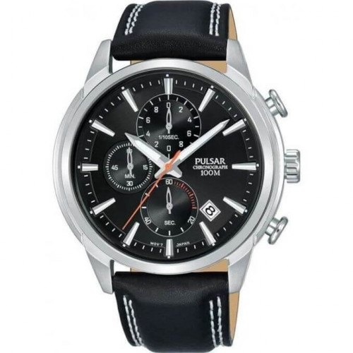 Pulsar – Argenté cadran noir – Bracelet cuir noir – Chronographe avec dateur – PM3119X1 Pulsar – Argenté cadran noir – Bracelet cuir noir – Chronographe avec dateur – PM3119X1