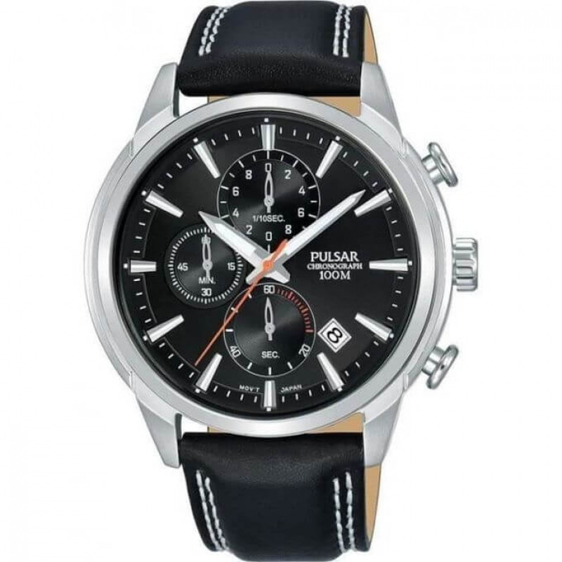Pulsar – Argenté cadran noir – Bracelet cuir noir – Chronographe avec dateur – PM3119X1