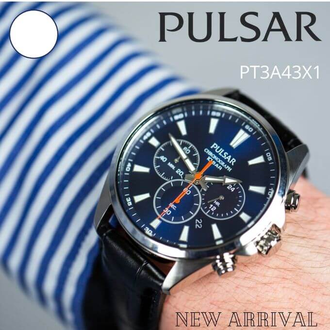 Pulsar – Fond bleu – Bracelet en cuir noir – Chronographe avec dateur – PT3A43X1