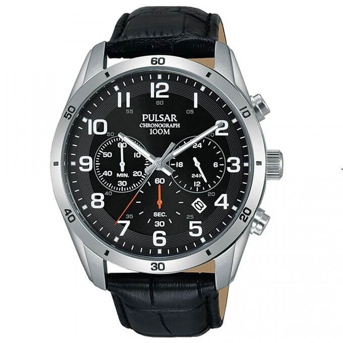Pulsar – Cadran & bracelet cuir noir – Chronographe pour homme – WR 100m – PT3833X1