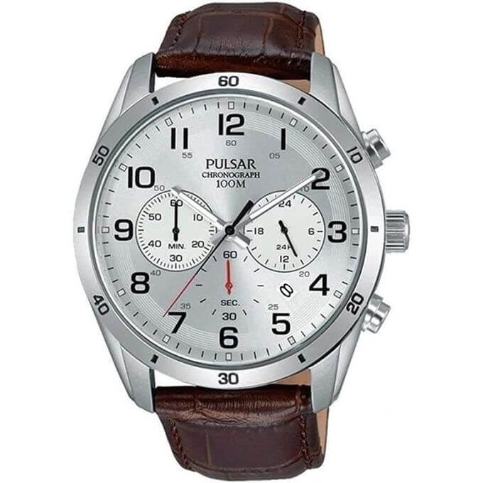 Pulsar – Montre chrono pour homme – En bracelet cuir marron et boîtier en acier inoxydable – PT3817X1