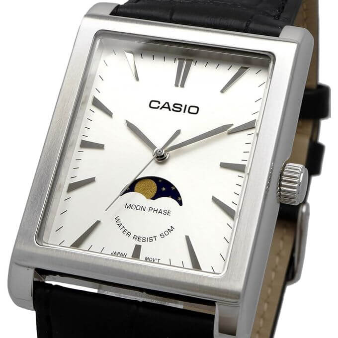 Casio – Montre pour homme – Indicateur de phase de lune – Cadran blanc – Bracelet cuir noir – MTP-M105L-7AVDF