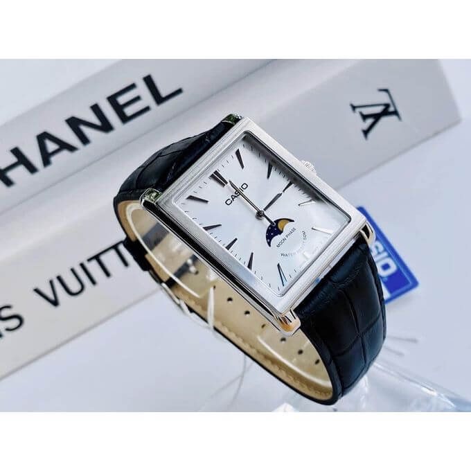 Casio – Montre pour homme – Indicateur de phase de lune – Cadran blanc – Bracelet cuir noir – MTP-M105L-7AVDF