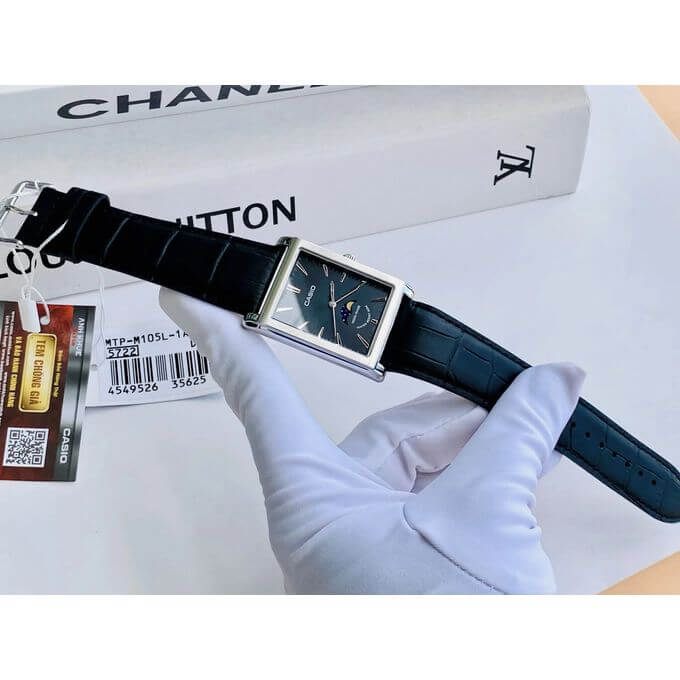 Casio – Montre pour homme – Indicateur de phase de lune – Cadran noir – Bracelet cuir noir – MTP-M105L-1AVDF