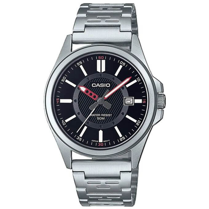 Casio – Argenté cadran noir avec dateur – Bracelet en métal inoxydable – MTP-E700D-1EVDF