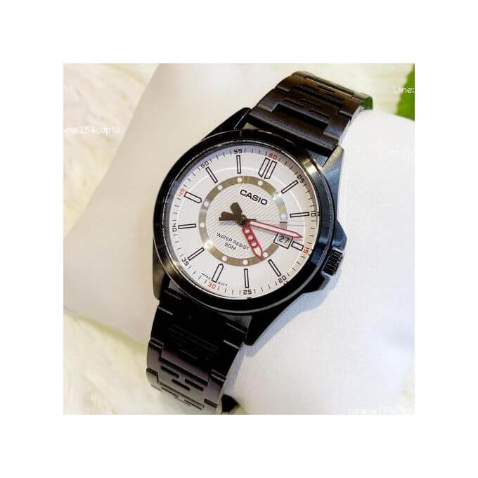 Casio – Montre homme cadran blanc avec dateur en bracelet métallique noir – MTP-E700B-7EVDF