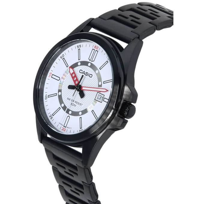 Casio – Montre homme cadran blanc avec dateur en bracelet métallique noir – MTP-E700B-7EVDF