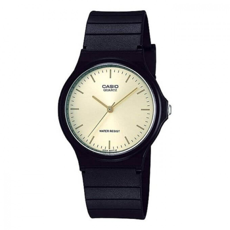 Casio – Simple au fond jaune – Bracelet en résine noir – Étanche – MQ-24-9ELDF