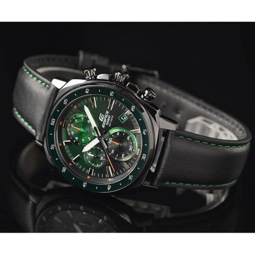 Casio – Design inspiré des lumières laser vertes – Boîtier medium noir – Bracelet cuir noir – EFV-600CL-3AV Casio – Design inspiré des lumières laser vertes – Boîtier medium noir – Bracelet cuir noir – EFV-600CL-3AV