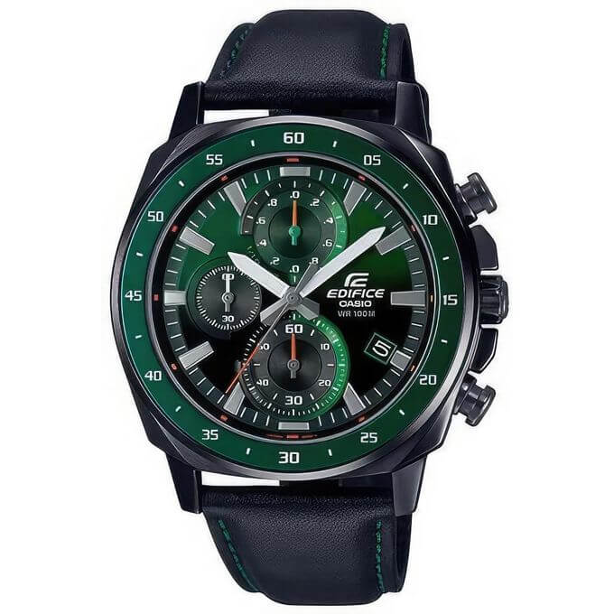 Casio – Design inspiré des lumières laser vertes – Boîtier medium noir – Bracelet cuir noir – EFV-600CL-3AV