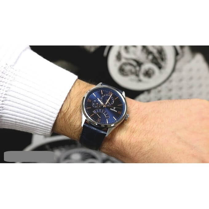 Festina – Bleu pour hommes – Bracelet en cuir croco bleu – Index tirets bronze – F16823/3