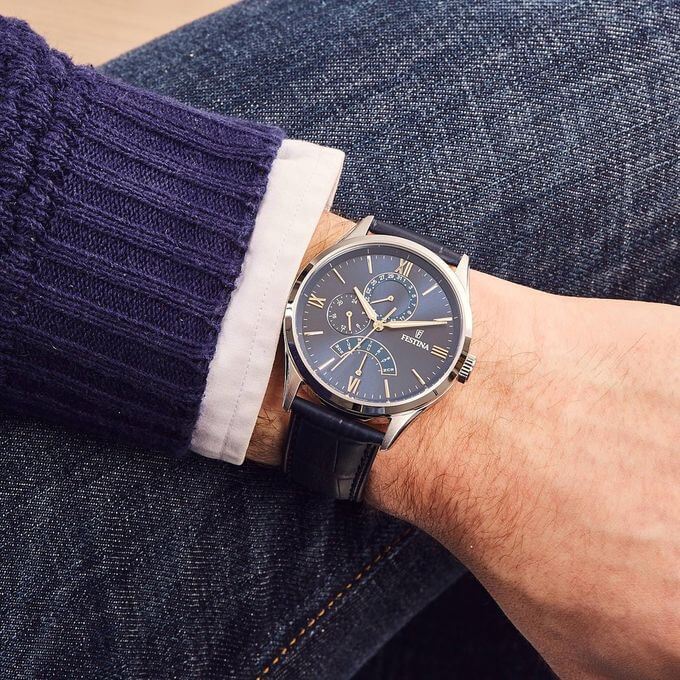 Festina – Bleu pour hommes – Bracelet en cuir croco bleu – Index tirets bronze – F16823/3