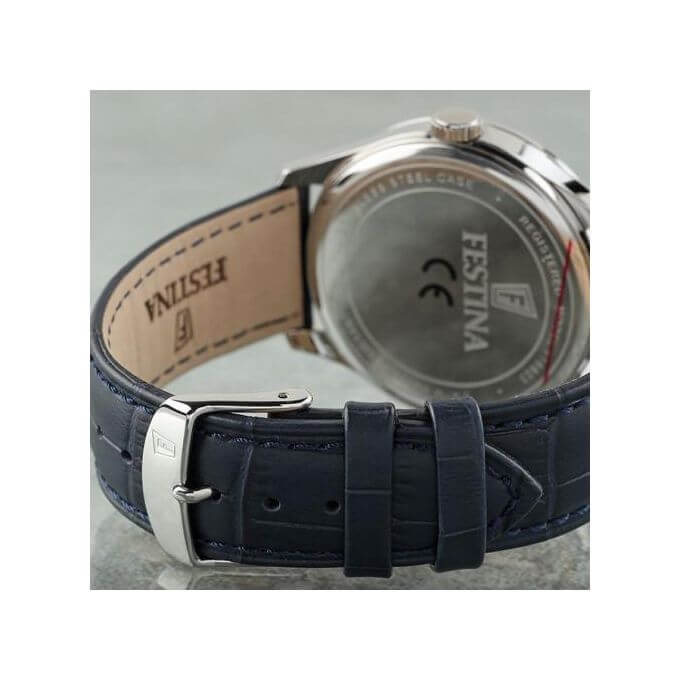 Festina – Bleu pour hommes – Bracelet en cuir croco bleu – Index tirets bronze – F16823/3