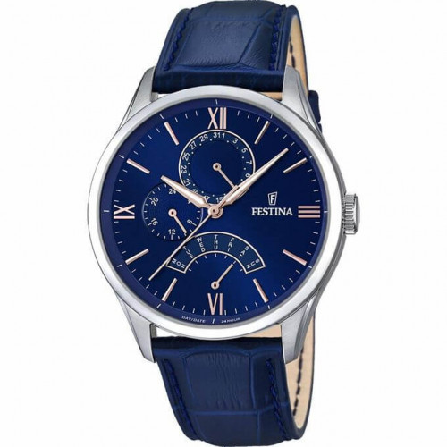 Festina – Bleu pour hommes – Bracelet en cuir croco bleu – Index tirets bronze – F16823/3 Festina – Bleu pour hommes – Bracelet en cuir croco bleu – Index tirets bronze – F16823/3
