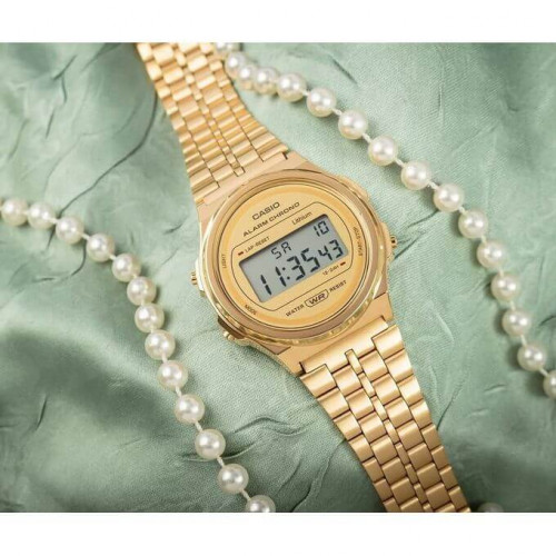 Casio – Unisexe numérique avec bracelet en acier doré inoxydable – A171WEG-9ADF Casio – Unisexe numérique avec bracelet en acier doré inoxydable – A171WEG-9ADF