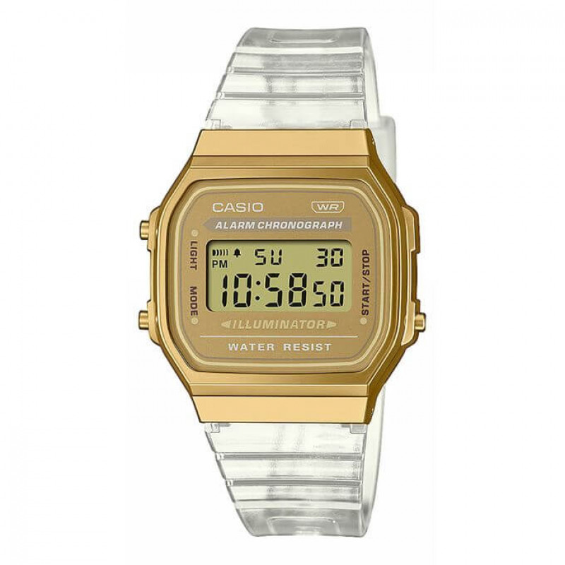 Casio – Unisexe – Digitale dorée – Bracelet semi-transparent – Alarme – A168XESG-9A