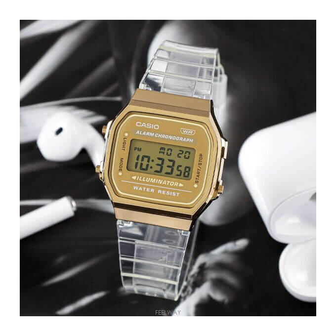 Casio – Unisexe – Digitale dorée – Bracelet semi-transparent – Alarme – A168XESG-9A