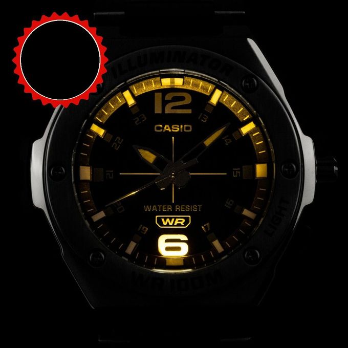 Casio – Dateur – Cadran noir avec bouton d’éclairage – Bracelet en acier inoxydable – MWA-100HD-1A