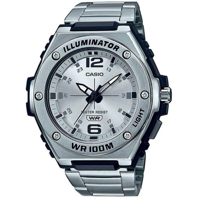 Casio – Cadran blanc avec bouton d’éclairage – Dateur – Bracelet en acier inoxydable – MWA-100HD-7AV