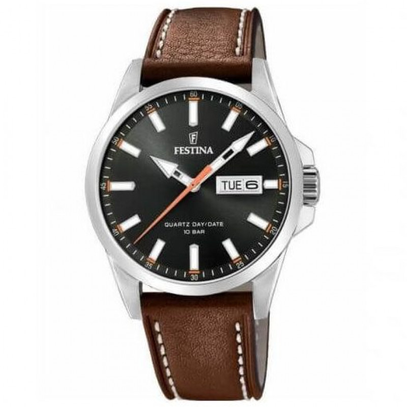 Festina – Bracelet cuir marron – Cadran noir avec dateur jours/mois – F20358/2