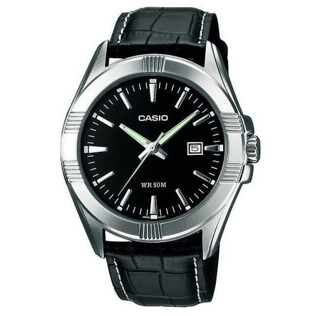 Casio – En cuir noir – Cadran noir – Aiguilles fluorescentes – MTP-1308L-1A