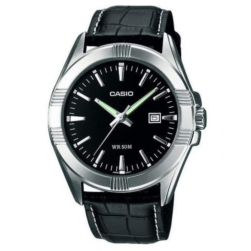 Casio – En cuir noir – Cadran noir – Aiguilles fluorescentes – MTP-1308L-1A