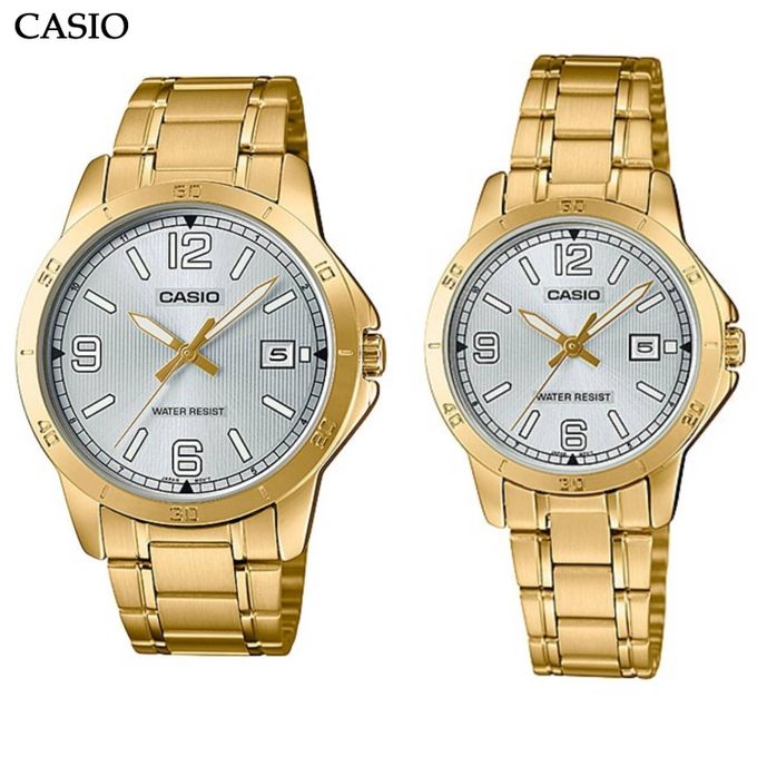 Casio – Couple – Cadran blanc – Bracelet en acier inoxydable – Aiguilles fluorescentes – MLTP-V004G-7B2