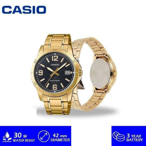 Casio – Cadran noir – Bracelet doré en acier inoxydable – Avec dateur – MTP-V004G-1BUDF Casio – Cadran noir – Bracelet doré en acier inoxydable – Avec dateur – MTP-V004G-1BUDF