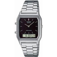 Casio – Classique Duel Time – Vintage Collection en fond noir – Bracelet en acier inoxydable – AQ-230A-1DMQ