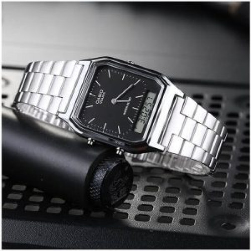 Casio – Classique Duel Time – Vintage Collection en fond noir – Bracelet en acier inoxydable – AQ-230A-1DMQ Casio – Classique Duel Time – Vintage Collection en fond noir – Bracelet en acier inoxydable – AQ-230A-1DMQ