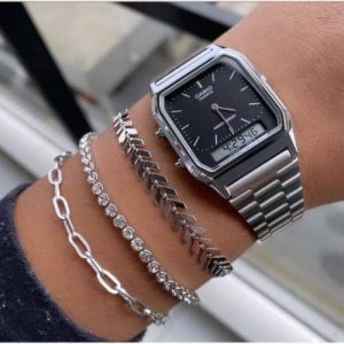 Casio – Classique Duel Time – Vintage Collection en fond noir – Bracelet en acier inoxydable – AQ-230A-1DMQ Casio – Classique Duel Time – Vintage Collection en fond noir – Bracelet en acier inoxydable – AQ-230A-1DMQ