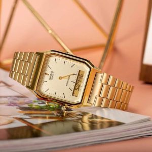 Casio – Double affichage digital/analogique – Bracelet en acier inoxydable doré – AQ-230GA-9DMQ