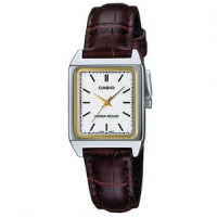 Casio – Montre femme carrée – Cadran blanc – Bracelet cuir marron – LTP-V007L-7E2UDF