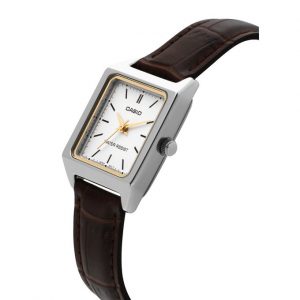 Casio – Montre femme carrée – Cadran blanc – Bracelet cuir marron – LTP-V007L-7E2UDF