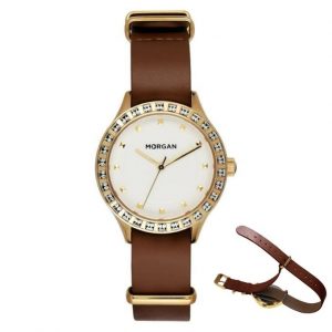 Morgan – Montre femme – Bracelet NATO en cuir brun – Cadran blanc doré – MG001S/1BU