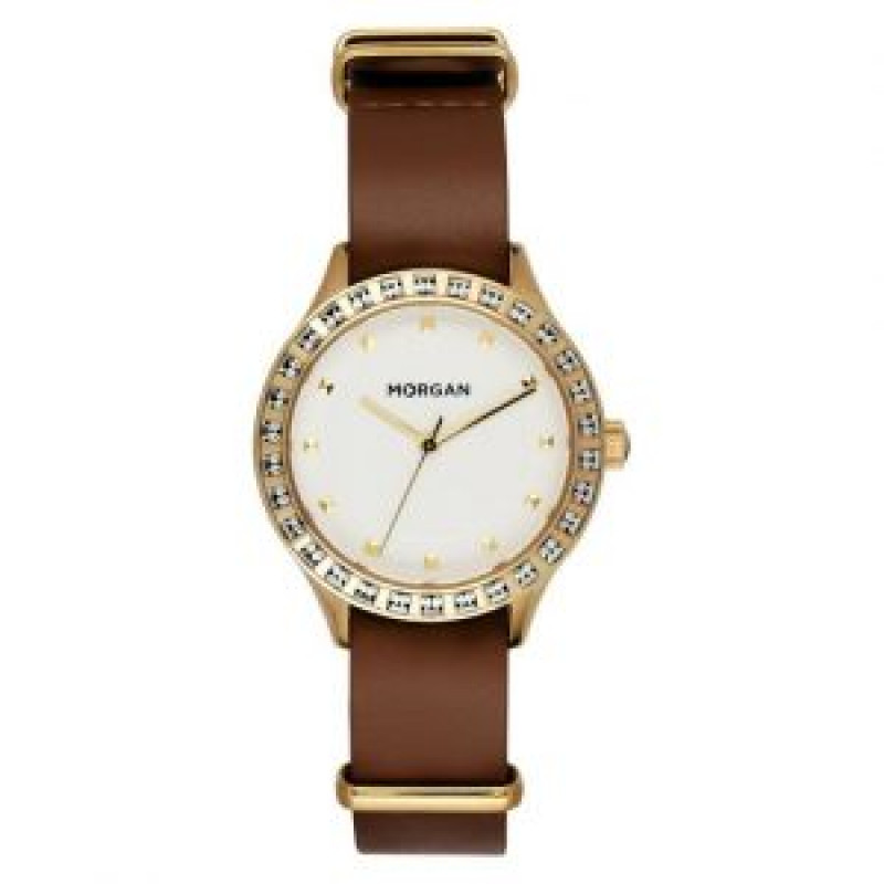 Morgan – Montre femme – Bracelet NATO en cuir brun – Cadran blanc doré – MG001S/1BU