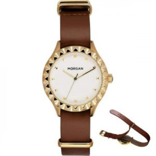 Morgan – MG001/1BU – Montre femme avec bracelet nato en cuir brun et cadran blanc doré Morgan – MG001/1BU – Montre femme avec bracelet nato en cuir brun et cadran blanc doré