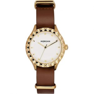 Morgan – MG001/1BU – Montre femme avec bracelet nato en cuir brun et cadran blanc doré